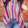 Multicolor Stripe Short Sleeve Flowy Plus Size Blouse