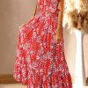 Red Multicolor Floral Ruffled Crop Top And Maxi Skirt Set