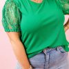 Green Ribbed Lace Patchwork Puff Sleeve Plus Size Blouse