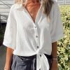 White Textured Knotted Button-up Half Sleeve Shirt