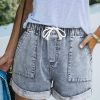 Gray Pocketed Drawstring High Waist Denim Shorts