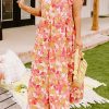 Orange Floral Print Shirred Ruffled Sleeveless Plus Size Dress