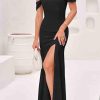 Black Thigh High Split Sheath Off Shoulder Evening Dress