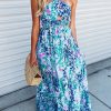 Sky Blue Abstract Print Shirred Lace-up Halter Open Back Maxi Dress