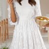 White Sheer Jacquard Ruffle Trim Half Sleeve Dress