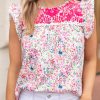 Multicolor Floral Embroidered Pom Pom Trim Flutter Sleeve Blouse