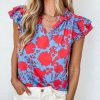 Red Floral Ruffled Cap Sleeve V-Neck Shift Blouse