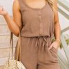 Brown Waffle Knit Buttoned Drawstring Sleeveless Romper