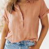 Khaki Crinkle Roll Short Sleeve Henley Button Blouse