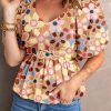 Apricot Boho Flower Print Puff Sleeve Peplum Top