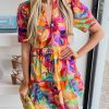 Multicolor Summer Floral Print V Neck Short Sleeve Dress