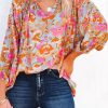 Sky Blue Floral Print Loose Fit Ruched V Neck Blouse