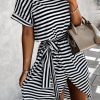 Black Stripe Short Sleeve Belted Wrapped Hemline T-Shirt Dress