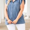 Blue Frayed Ruffle Sleeve Plus Size Denim Shirt