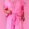 Pink Ruffled Hem Short Sleeve Elastic Drawstring Waist Pocketed Shorts Set