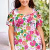 Multicolor Plus Size Square Neck Ruched Shoulder Short Sleeve Top