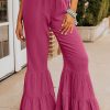 Rose Textured High Waist Ruffled Bell Bottom Pants