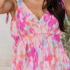 Pink Watercolor Printed Tie Straps V Neck Peplum Tank Top