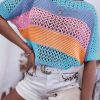 Sky Blue Knitted Eyelet Colorblock Striped Half Sleeves Top