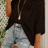 Black Fishnet Knit Ribbed Round Neck Short Sleeve Sweater Tee