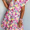 Rose Printed Crisscross Decor V Neck Flutter Sleeve Dress