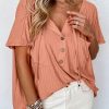 Orange Notched V Neck Buttoned Front Textured Loose Top