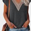 Black Lace Trim V Neck Overlap Short Sleeve Top