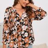 Brown Floral Print 3/4 Sleeve Babydoll Blouse - Versatile And Playful