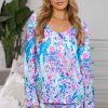 Sky Blue Floral Long Sleeve Top And Drawstring Shorts Set