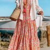 Orange Boho Holiday Paisley Print Tiered Long Sleeve Maxi Dress