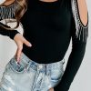 Black Rhinestone Fringed Cold Shoulder Long Sleeve Bodysuit