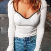 White Contrast Stitching Neckline Ribbed Sweater