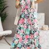 Green Sling V-Neck Elastic Waist Floral Maxi Dress