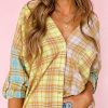 Women's Yellow Mixed Plaid Long Sleeve V Neck Buttoned Shirt