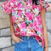 Rose Ruffle Flutter Sleeve Floral Print Blouse