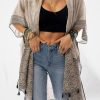 Chic And Stylish Khaki Printed Border Tassel Trim Slit Kimono