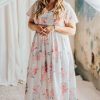 White Floral Print Lace-up High Waist Plus Size Maxi Dress