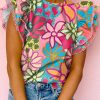 Multicolor Vibrant Floral Print Trimmed Ruffle Sleeve Blouse