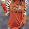 Orange Pumpkin Leopard Striped Colorblock Long Sleeve T Shirt