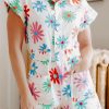 White Floral Short Sleeve Buttoned Denim Romper