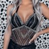 Black Rhinestone Sleeveless Halter Neck Bodysuit - Sultry Fitted Silhouette