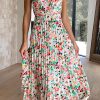 Green Boho Floral One-Shoulder Sleeveless Pleated Maxi Dress