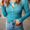 Sky Blue Waffle Knit Long Sleeve Buttoned Henley Top