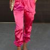 Rose Satin Pocketed Drawstring Elastic Waist Pants