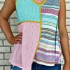 Multicolor Seamed Patchwork V Neck Plus Size Sleeveless Top