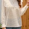 Beige Hollowed Long Sleeve Ruffled Blouse For Women