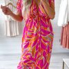 Rose Tropical Leafy Print Drawstring V Neck Midi Dress