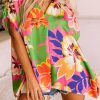 Pink Floral Print Loose Fit V Neck Tunic Blouse