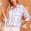 Sky Blue Striped Button Roll Tab Sleeve Shirt