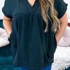 Black Plus Size Textured Short Sleeve Babydoll Blouse